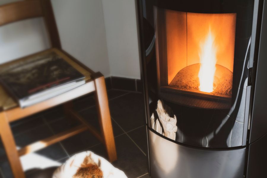 Modern pellet stove with flame