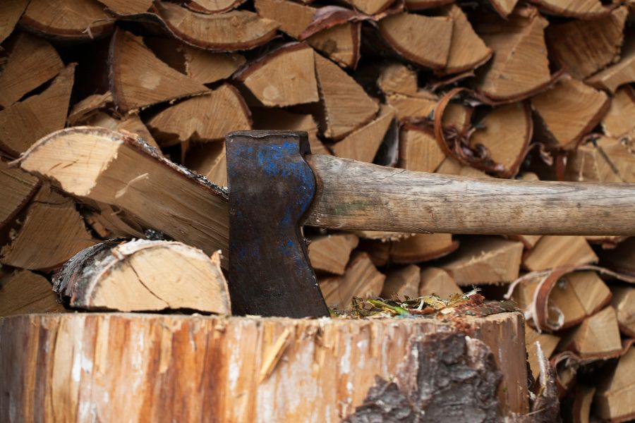 Splitting maul with chopped wood