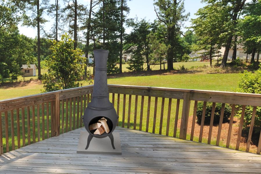 Chiminea on concrete paver on wooden deck