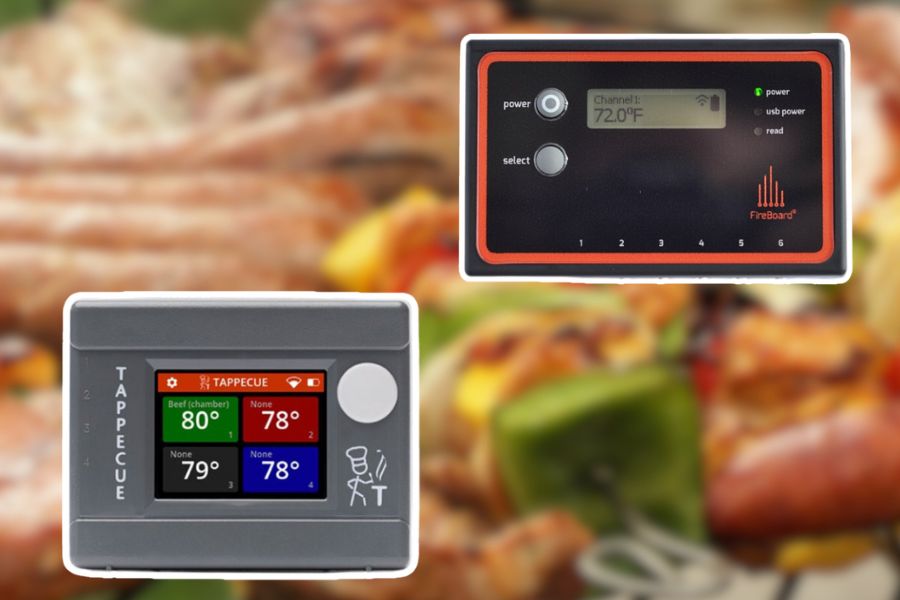 Tappecue and FireBoard Meat Thermometers on grilled meat background