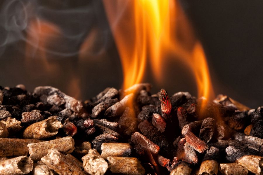 Close-up image of burning wood pellets