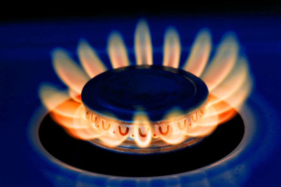 Close up yellow flame on gas stove