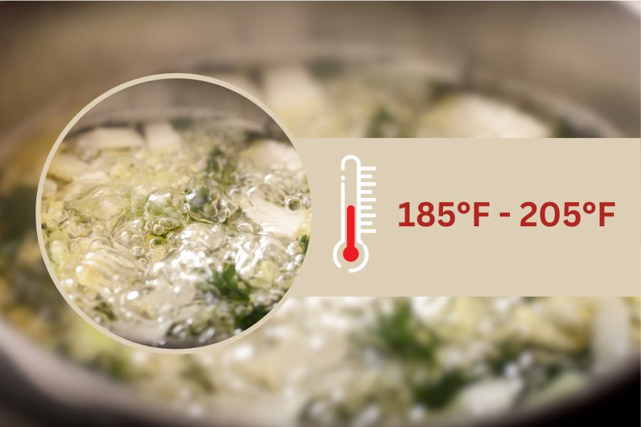 The simmer temperature is between 185 and 205°F