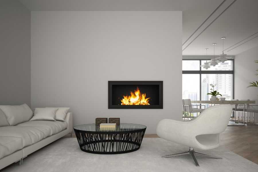 Wall-mounted electric fireplace in living room