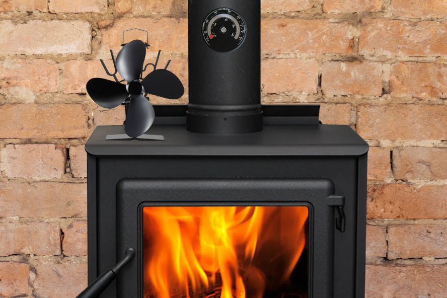 Wood stove with heat powered fan and stove thermometer