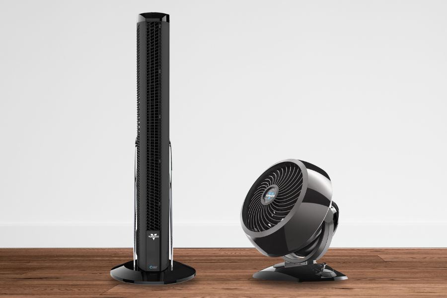 Vornado air circulation and tower fan in room