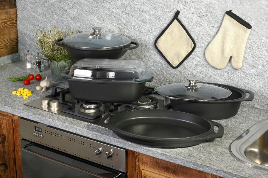 Cast Ion Cookware on Kitchen Countertop