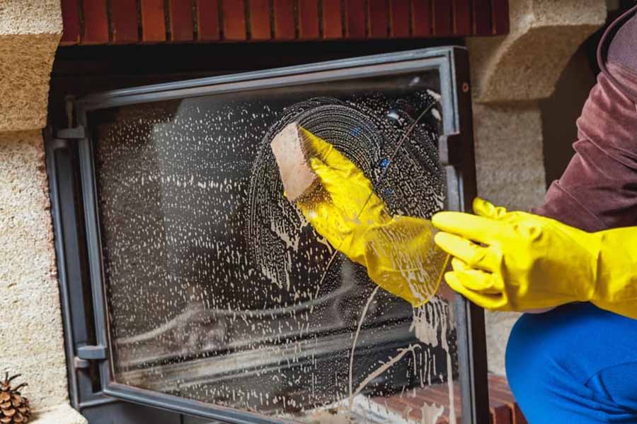 person clean a gas fireplace door