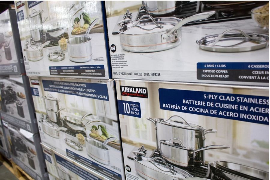 Boxes of Kirkland Signature cookware in store
