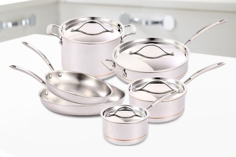 Kirkland's stainless steel cookware on kitchen island