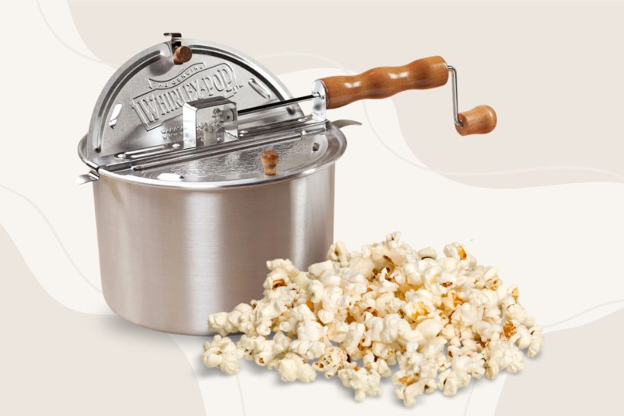 Whirley Pop Popcorn Popper and heap of popcorn