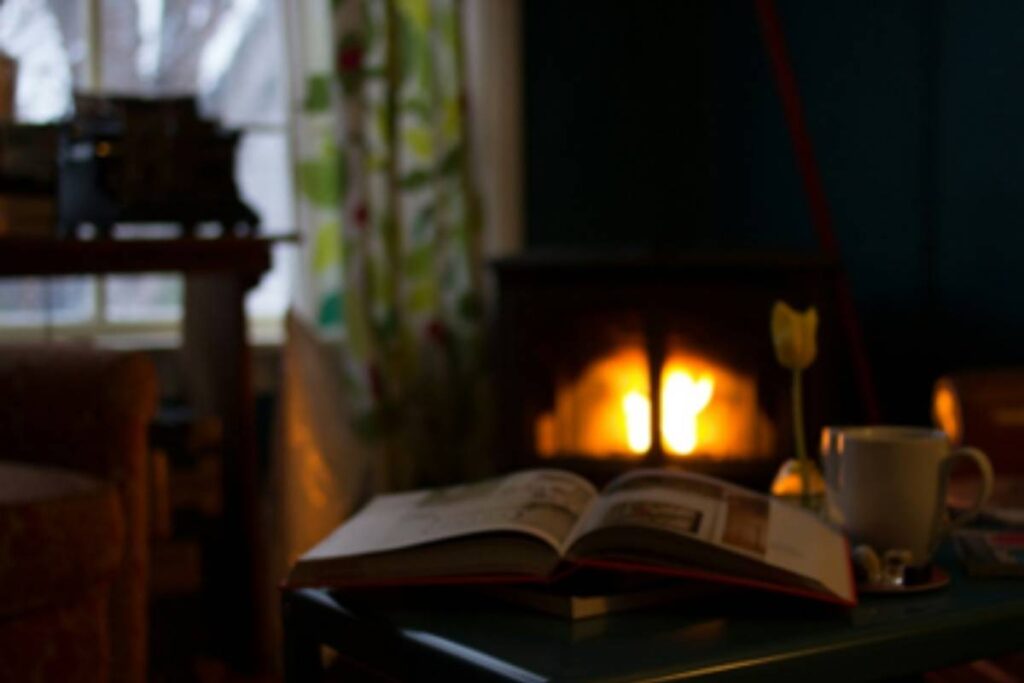 A very cozy reading room with a fire