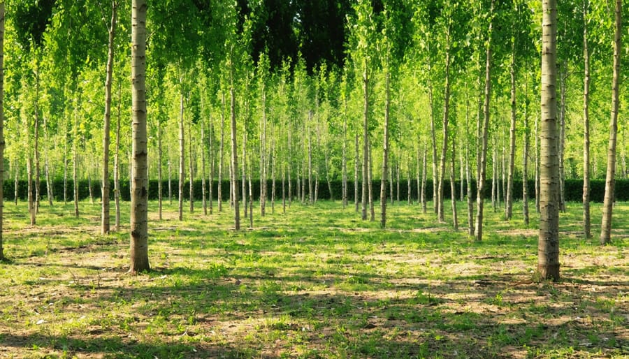 "Organized rows of young hybrid poplar and willow trees growing in a backyard wood lot, symbolizing sustainable firewood production."