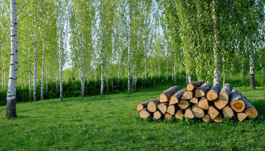 Organized rows of young poplar and willow trees growing in a residential backyard wood lot
