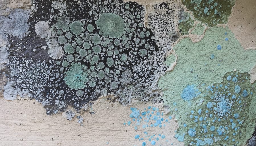 "Close-up of diverse mold colonies displaying various colors and textures on a basement wall."