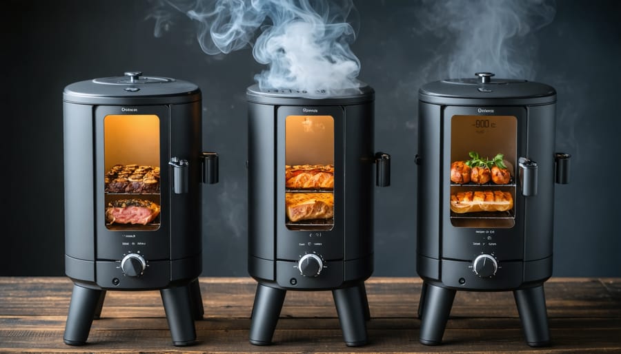 Three different types of meat smokers displayed on outdoor patio