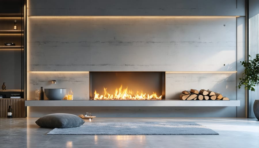 Modern bioethanol fireplace with glass enclosure mounted in marble wall