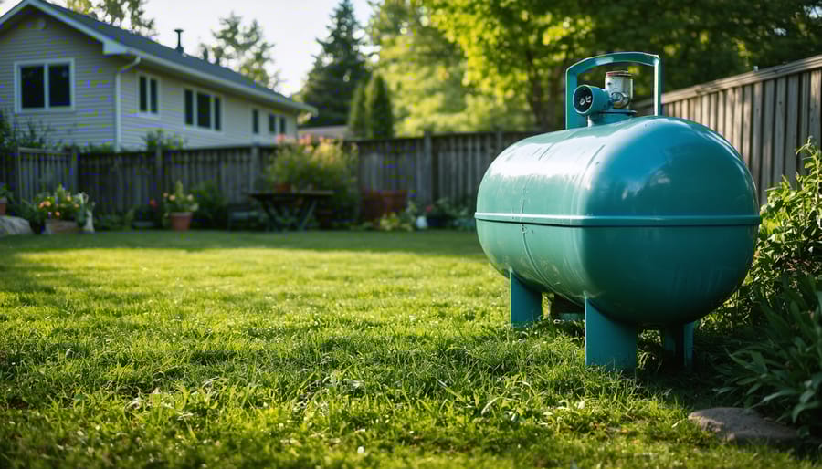 "Propane tank in a residential backyard setting, highlighting potential safety hazards."