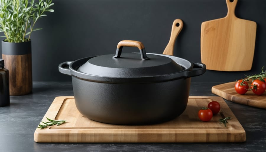 Cast iron Dutch oven with lid on wooden kitchen counter