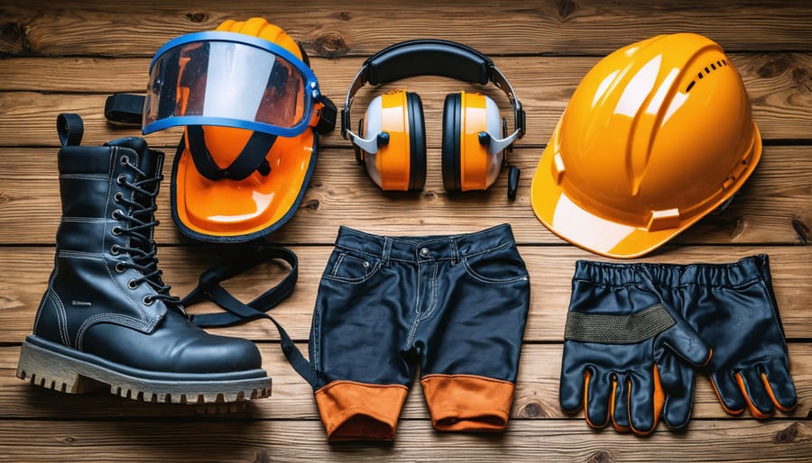 Complete personal protective equipment (PPE) required for chainsaw operation