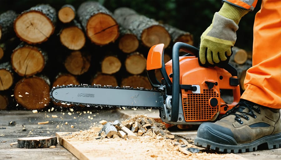 Chainsaw splitting a log with precision surrounded by essential safety gear and organized workspace.