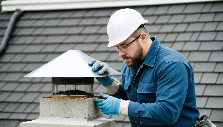 Chimney technician installing a directional chimney cap on rooftop