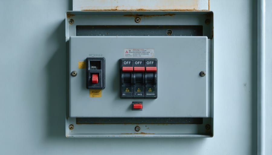Hand turning off circuit breaker in electrical panel for safety