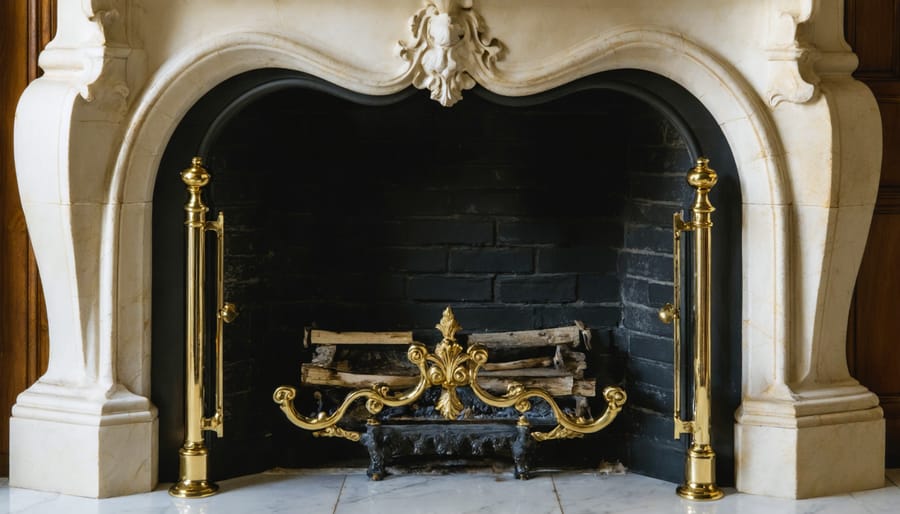 Ornate brass fireplace doors with decorative scrollwork patterns
