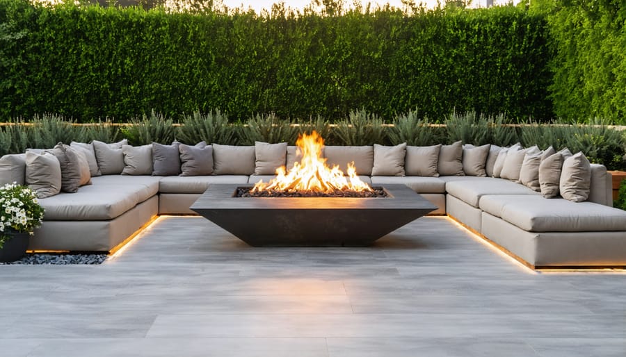 Compact stone fire pit with built-in L-shaped seating in small backyard setting