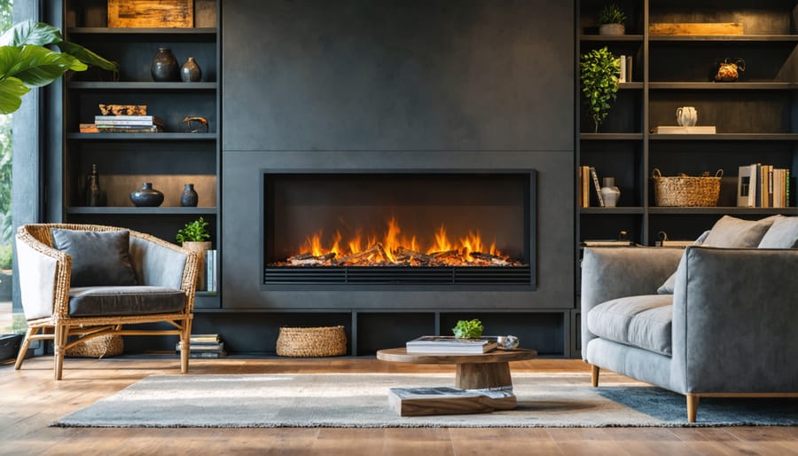 Wide view of living room featuring installed electric fireplace insert with modern furnishings