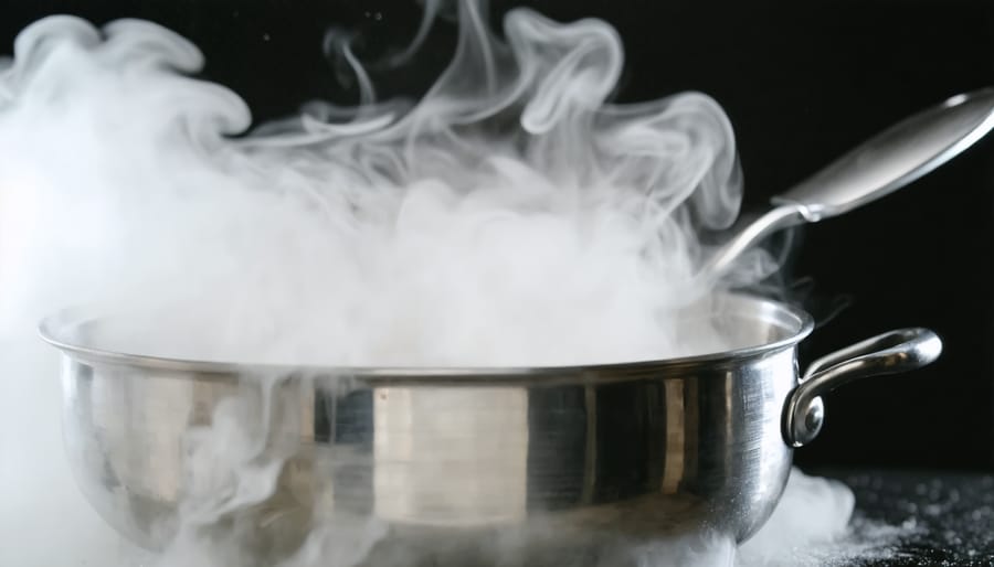 Steam rising from vegetables cooking in stainless steel pan