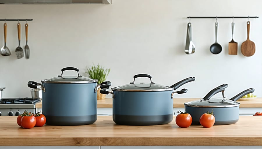 Close-up of cookware handle and lid knob showing material construction