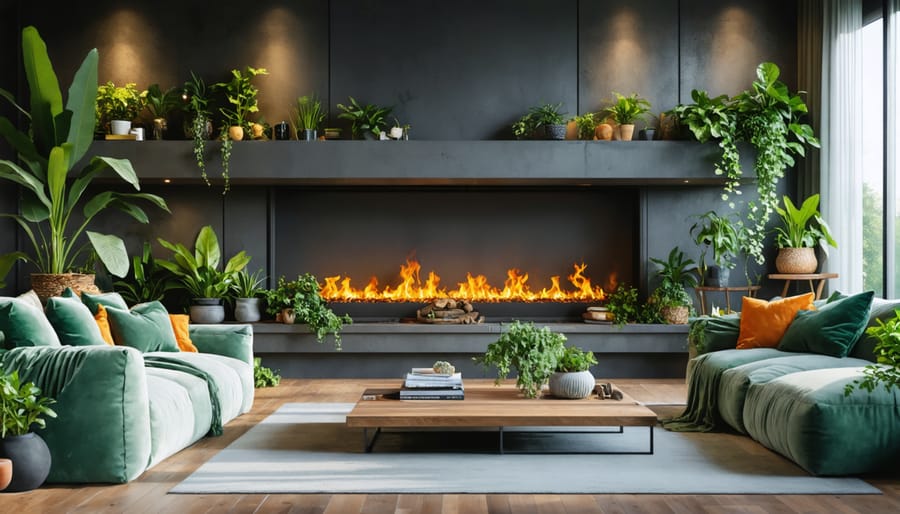 A modern living room with a fireplace featuring a bright green algae biofuel flame, highlighting the eco-friendly and sustainable warmth it provides.