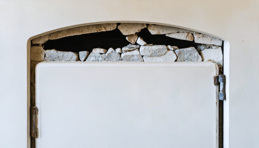 Close-up of worn and damaged fireplace insert door gasket with visible gaps