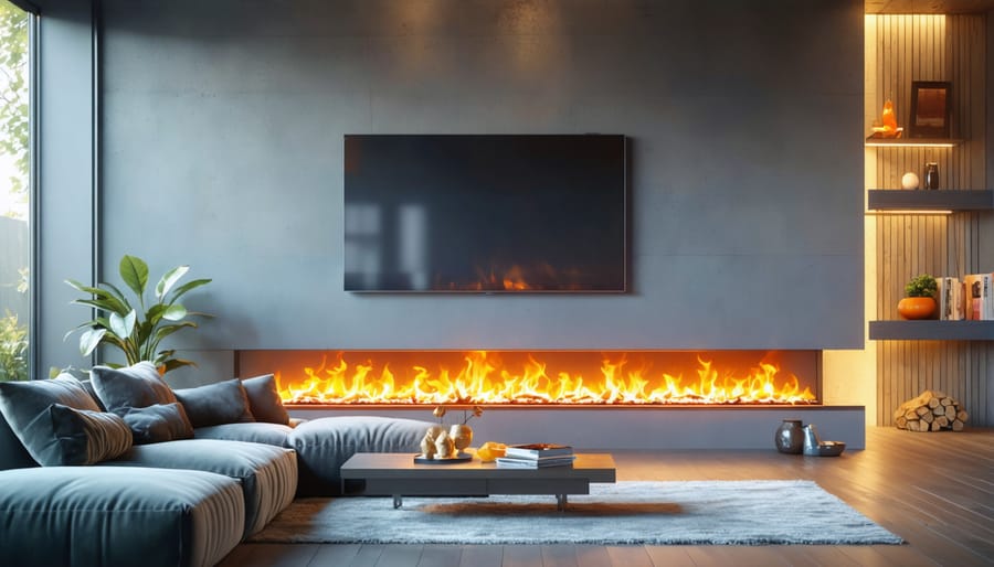 Stylish wall-mounted electric fireplace with realistic orange and blue flames in a chic, modern living room setting, combining elegance and efficient heating.