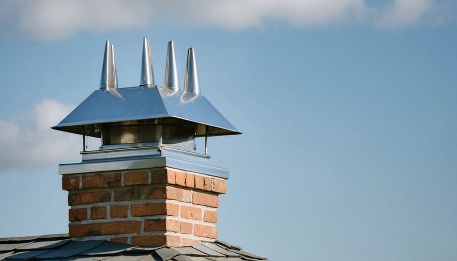 "6-wind directional chimney cap on a brick chimney, shown with wind-sensing vanes and blurred modern home background."