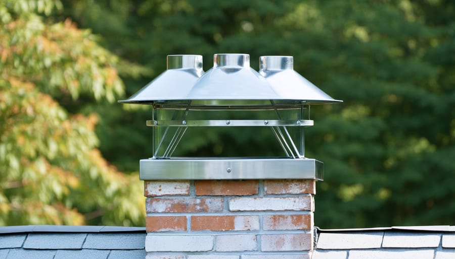 Modern directional chimney cap mounted on brick chimney viewed from below