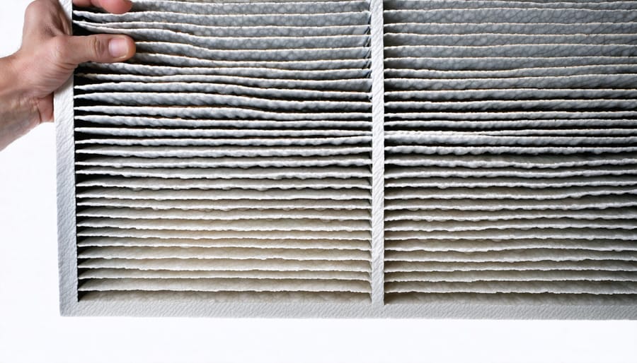"Close-up view of a heavily soiled HVAC filter showing substantial dust and debris accumulation."