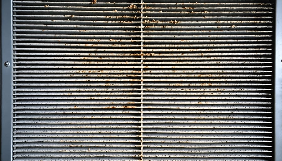 Dirty HVAC filter held up to light showing heavy dust buildup