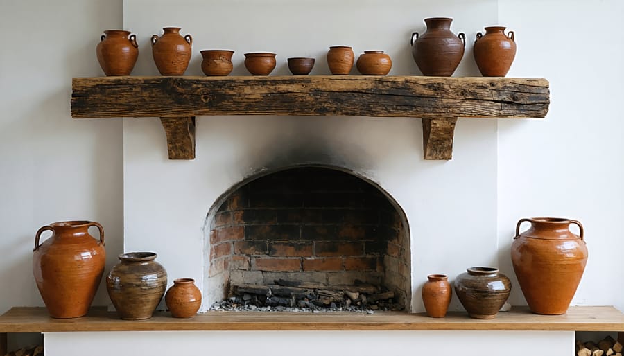 Sustainable fireplace design featuring reclaimed wood mantel and handmade pottery