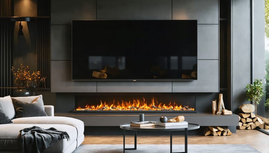 Modern electric fireplace insert installed in stone fireplace surround