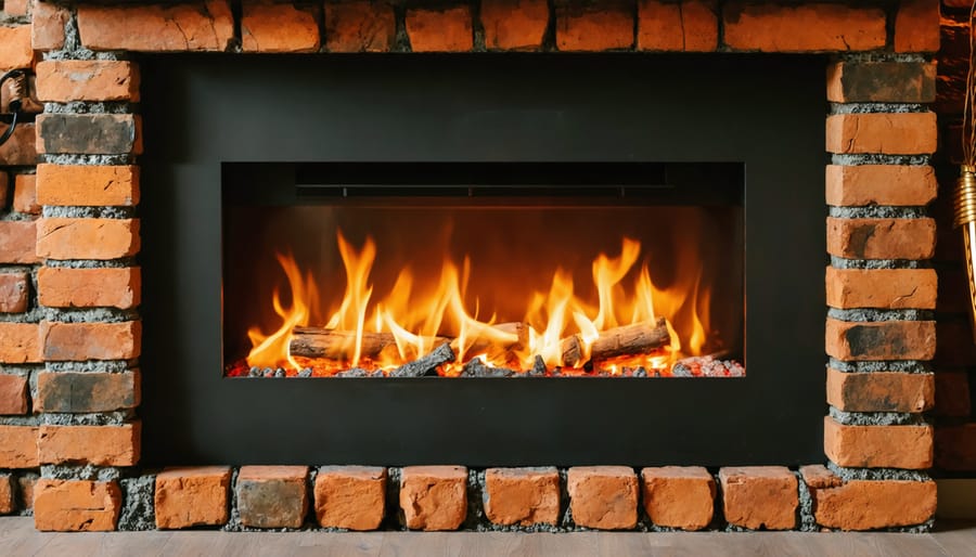 "Modern electric fireplace insert with glowing flames installed in traditional red brick fireplace in a cozy living room."
