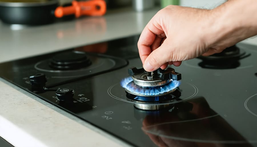 Close-up of a hand pulling a coil burner element halfway out of an electric stovetop, exposing the metal prongs and terminal block, with a blurred screwdriver and multimeter on the counter behind.