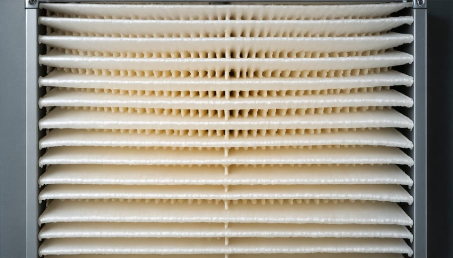 Hands installing new clean HVAC filter into system