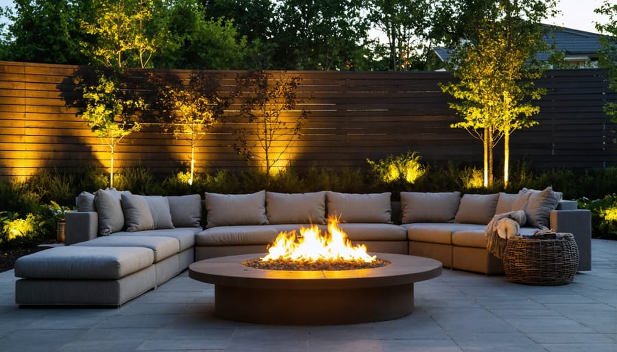 Nighttime view of illuminated fire pit area with LED accent lighting
