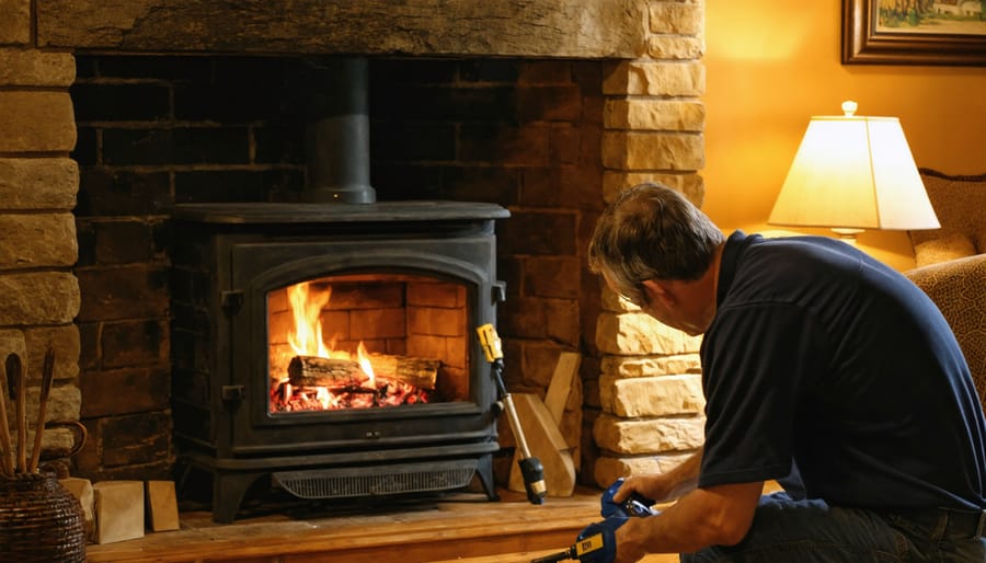 A professional inspecting a wood-burning fireplace insert's door gasket, while a warm fire burns inside, emphasizing expert repair and optimal performance.