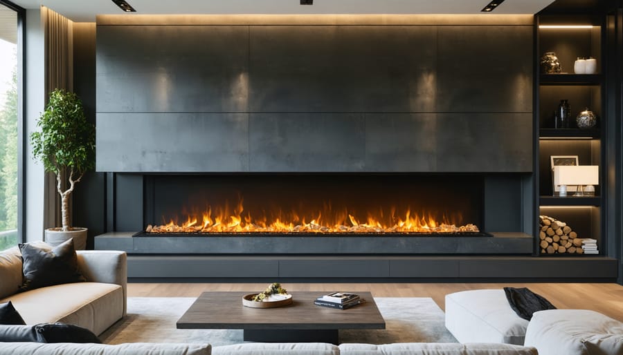 Close-up of two-sided electric fireplace installation showing structural framework