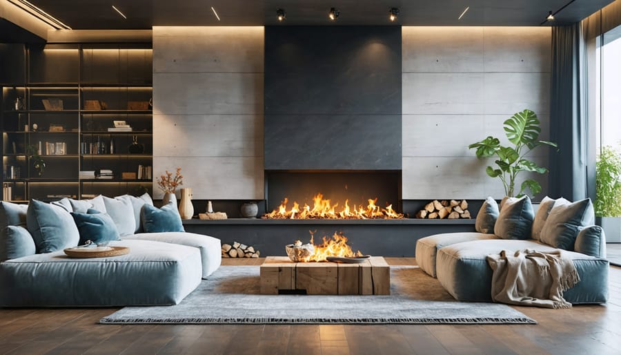 Corner gas fireplace proportionally sized for living room space with warm ambient lighting