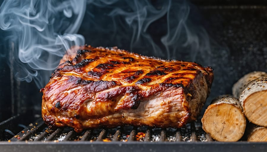 Close-up of a pork shoulder on a pellet smoker with thin blue smoke and golden hour light, stacked firewood and a backyard fence softly blurred in the background.