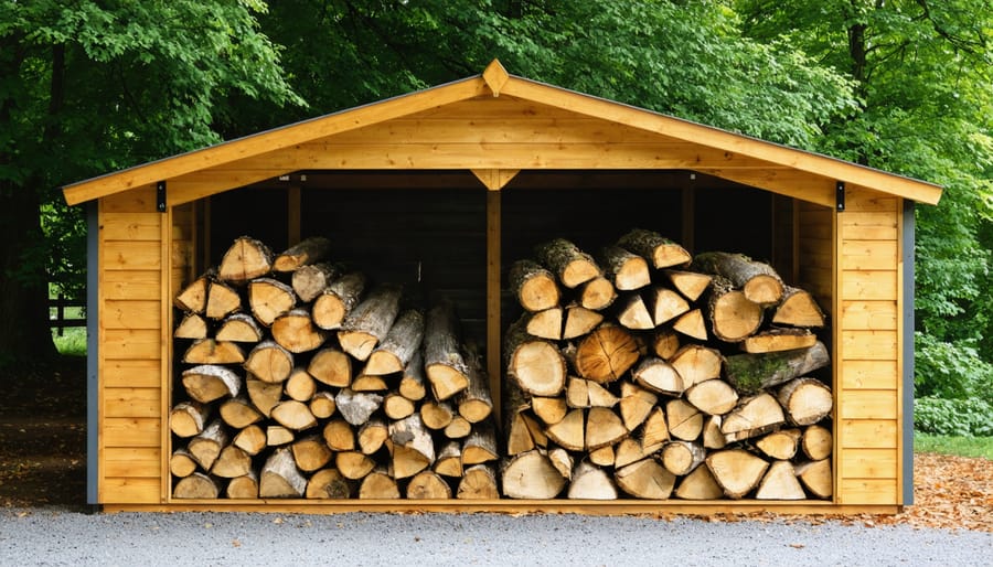 Wooden storage shed filled with stacked firewood and organic fuel materials
